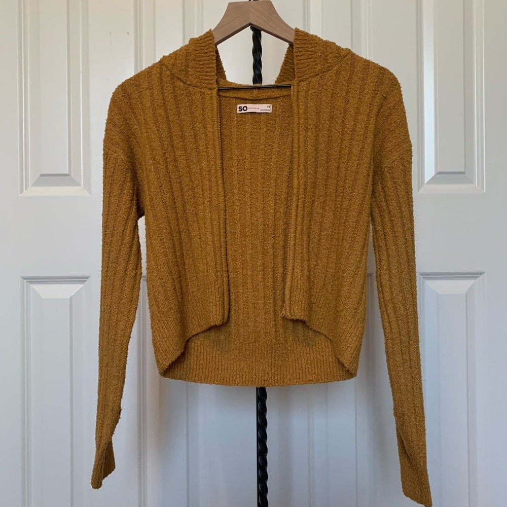 Mustard Ribbed Knit Open-Front Hooded Back Sweater